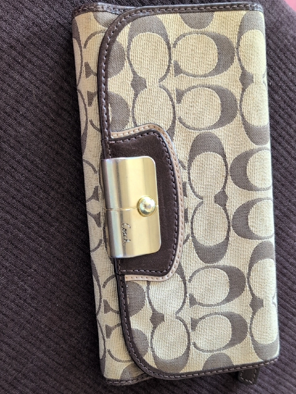 Coach Khaki and Chocolate Signature Canvas Wallet with Gold Hardware